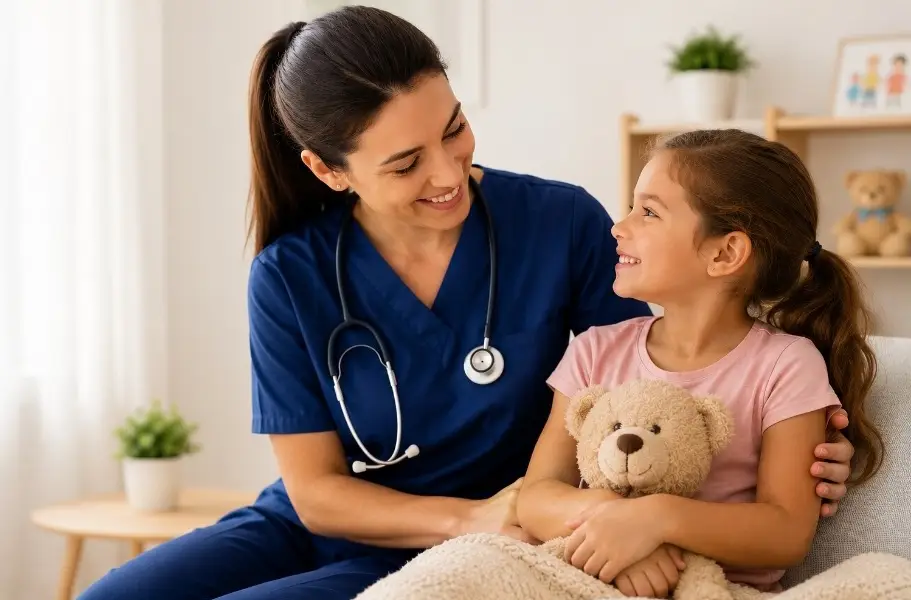 Life Aid DHA-certified pediatrician conducting a child health checkup at home in Dubai